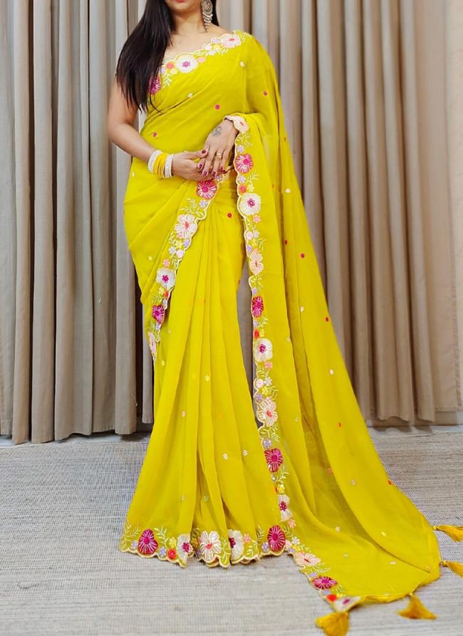 Faux Georgette Yellow Traditional Wear Embroidery Work Saree